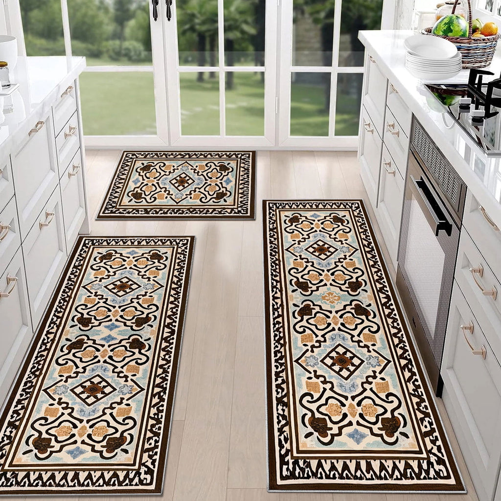 TECHVIDA Kitchen Rug Set 3 Piece,Non Slip Machine Washable Kitchen Mats, Farmhouse Hallway Doormat for Home Floor and Living Room,Gray