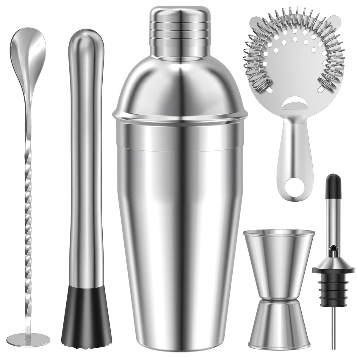 TINANA 6 PCS Cocktail Shaker Set, 25oz Shaker, Strainer, Muddler, Jigger, Mixing Spoon, Pour Spout, Stainless Steel Bartender Kit, Perfect for Home, Bar, or Gift