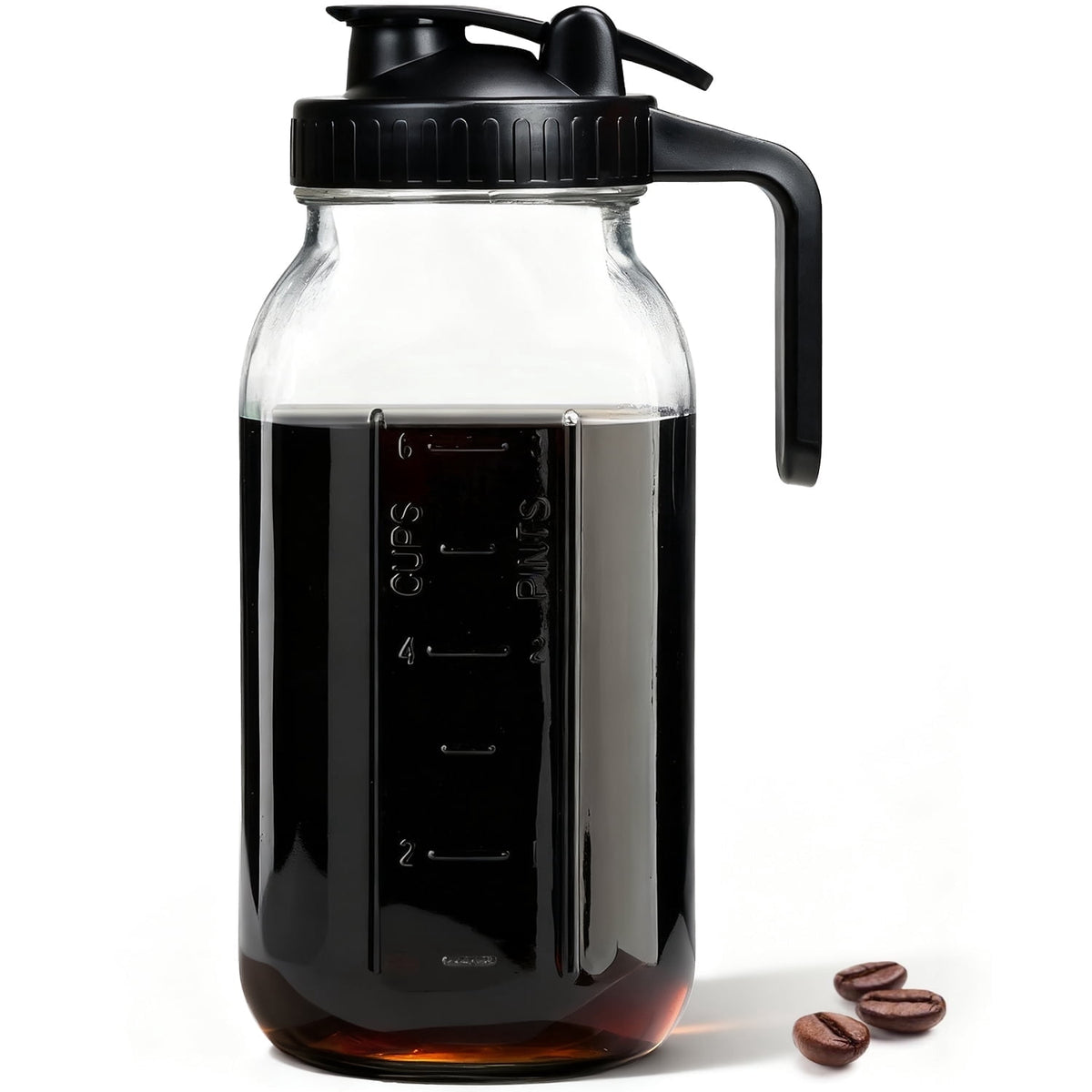 TINANA 64oz Wide Mouth Mason Jar Pitcher with Handle & Flip Lid, Heavy Duty Glass Cold Brew Coffee Maker, Airtight Leak-Proof Pitcher for Iced Tea, Juice, Lemonade