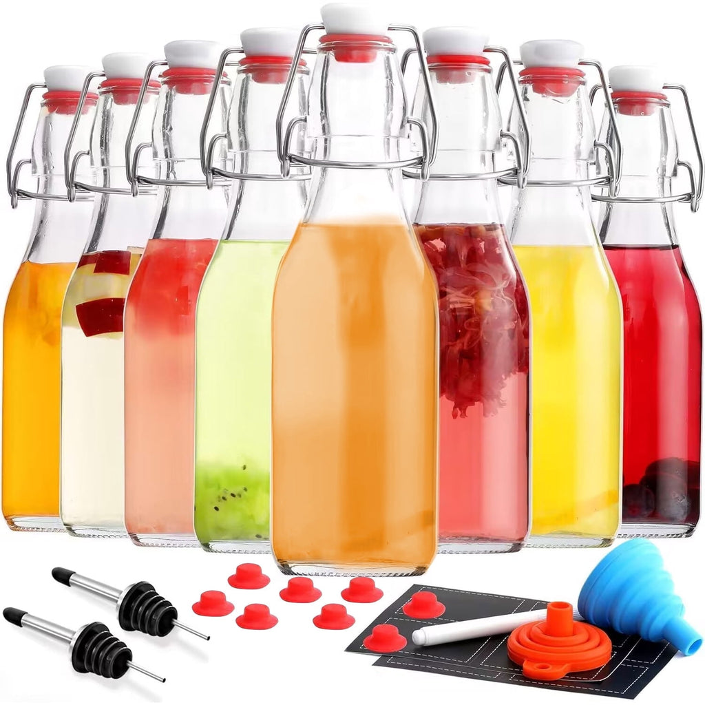 TINANA Swing Top Glass Bottles 8 Pack, 8.5 oz Flip Top Beer Brewing Bottle, Airtight Stopper Cap Lid, Bonus 2 Bottle Pourer for 2nd Fermentation, Kombucha, Kefir, Vanilla Extract, Coquito, Juice, Tea