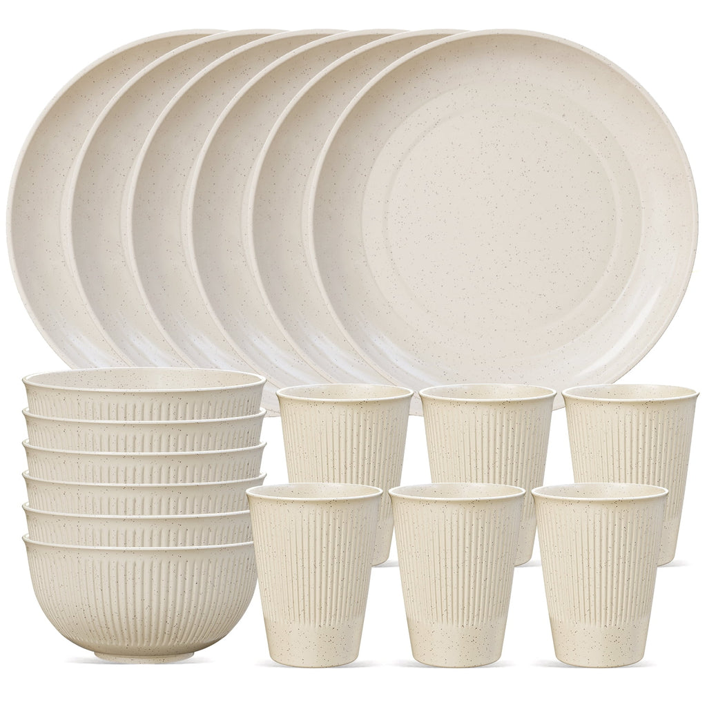 TINANA Wheat Straw Dinnerware Sets, Service for 6, 18 PCS Unbreakable Plastic Dinnerware, Freezer Dishwasher Safe - Beige