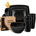 TINANA Wheat Straw Dinnerware Sets, Service for 4, 16 PCS Unbreakable Plastic Dinnerware, Dishwasher Microwave Safe - Black
