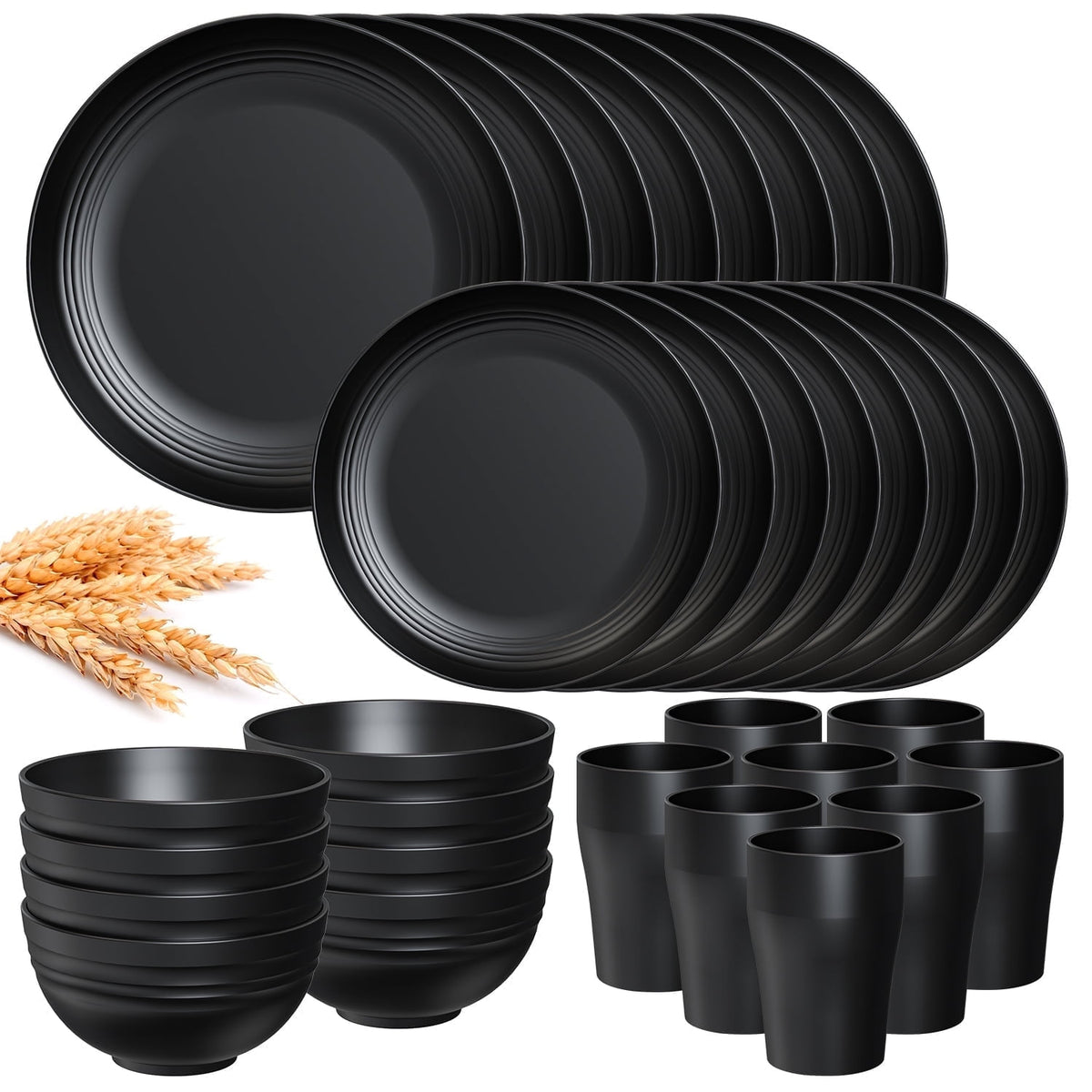 TINANA Wheat Straw Dinnerware Sets, Service for 8, 32 PCS Unbreakable Dinnerware,Microwave Dishwasher Safe - Black