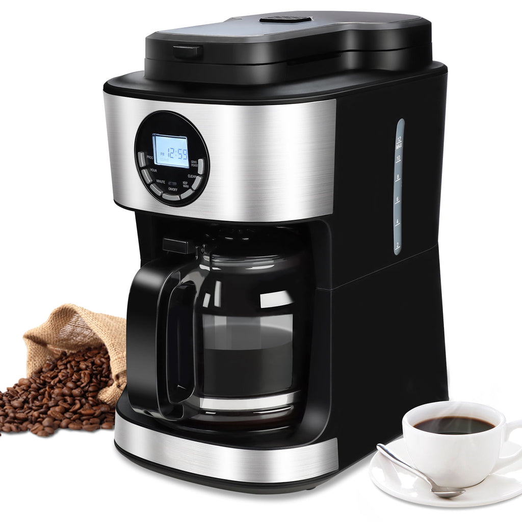Kuhitley Coffee Maker with Grinder 12 Cups, Programmable Grind and Brew Coffee Machine with Warming Plate, Automatic Drip Coffee Pot with 60 oz Glass Carafe BPA Free, 950W, Black