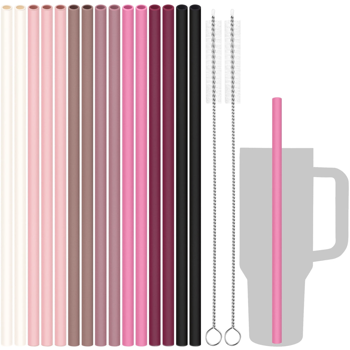 Tomorotec 12" Reusable Silicone Drinking Straws 15PCS with 2 Brushes, Compatible with Stanley Tumblers 40oz 30oz 20oz, Customizable for Various Drinkware, BPA-Free & Safe for Teeth (Morandi Colors)