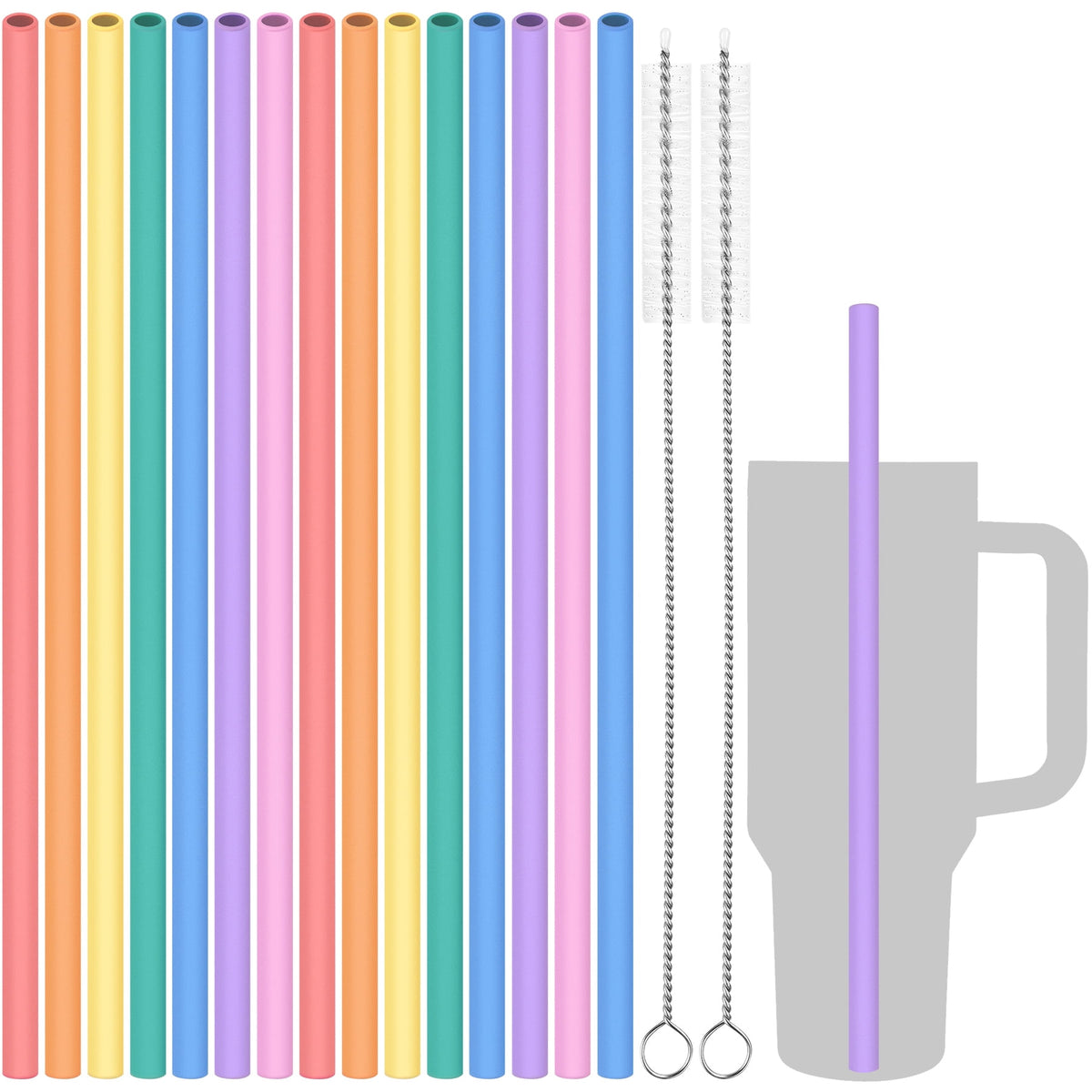 Tomorotec 12" Reusable Silicone Drinking Straws 15PCS with 2 Brushes, Compatible with Stanley Tumblers 40oz 30oz 20oz, Customizable for Various Drinkware, BPA-Free & Safe for Teeth (Morandi Colors)