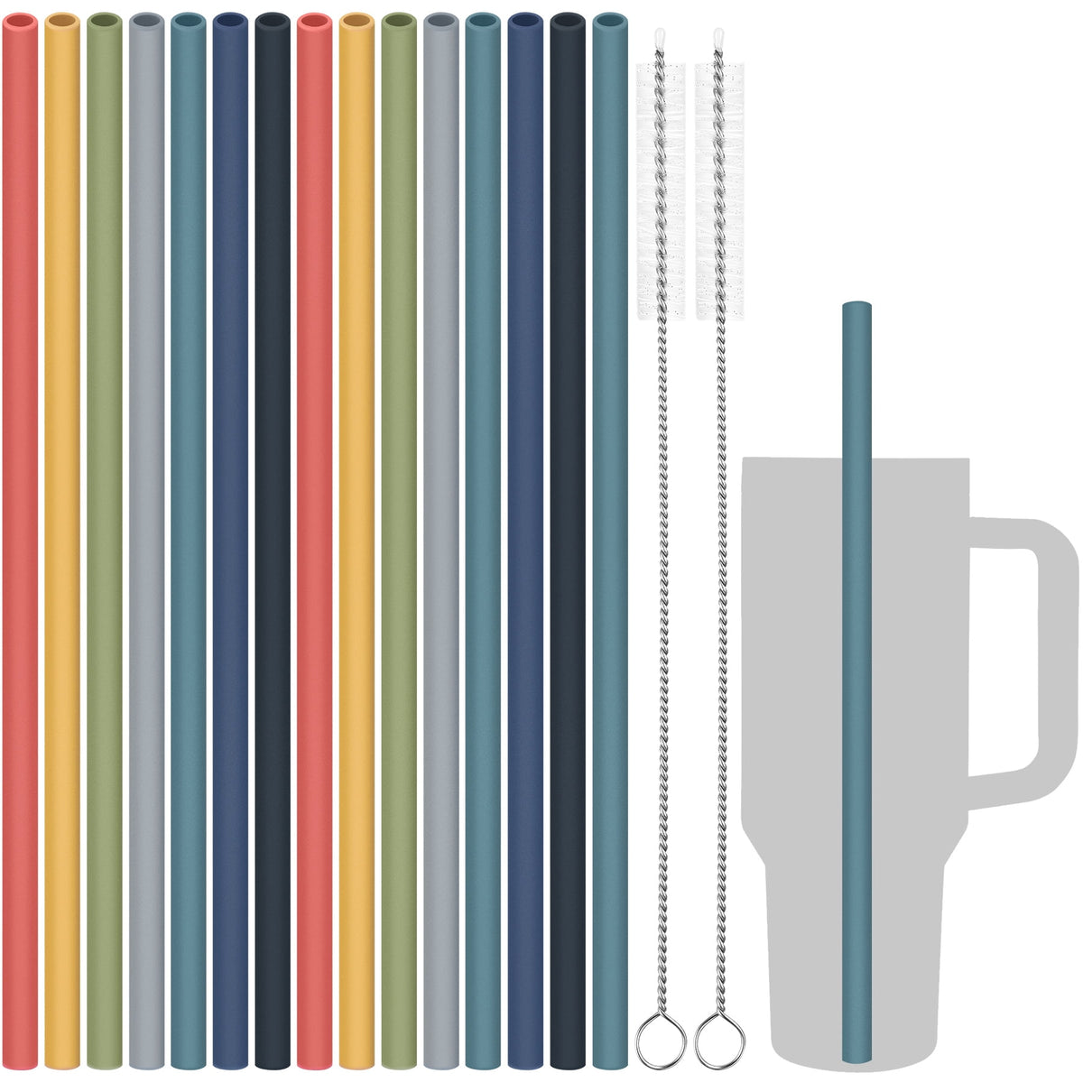 Tomorotec 12" Reusable Silicone Drinking Straws 15PCS with 2 Brushes, Compatible with Stanley Tumblers 40oz 30oz 20oz, Customizable for Various Drinkware, BPA-Free & Safe for Teeth (Morandi Colors)