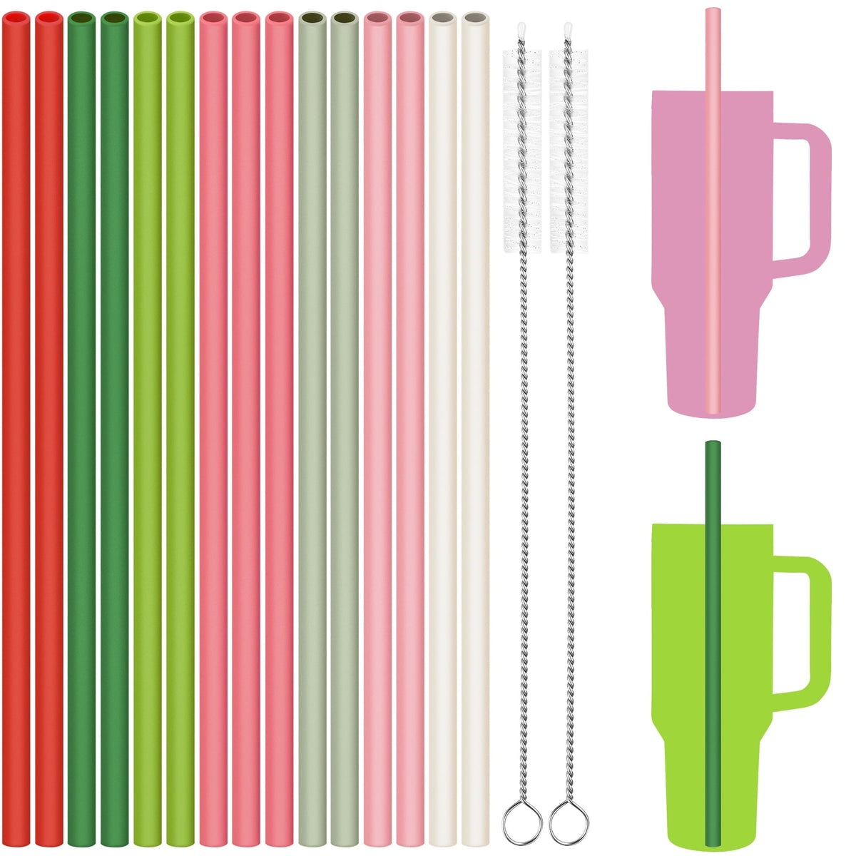 Tomorotec 12" Reusable Silicone Drinking Straws 15PCS with 2 Brushes, Compatible with Stanley Tumblers 40oz 30oz 20oz, Customizable for Various Drinkware, BPA-Free & Safe for Teeth (Morandi Colors)