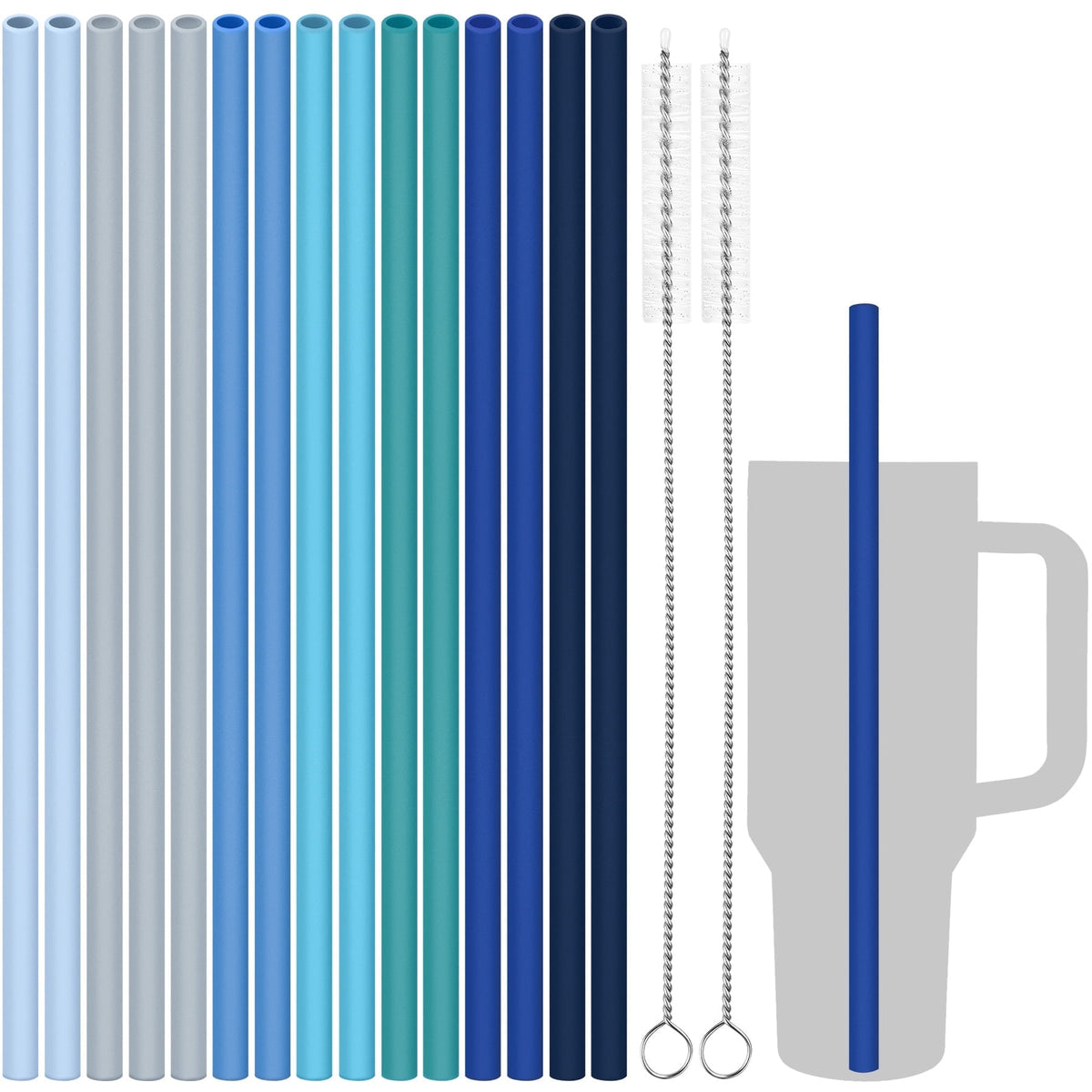 Tomorotec 12" Reusable Silicone Drinking Straws 15PCS with 2 Brushes, Compatible with Stanley Tumblers 40oz 30oz 20oz, Customizable for Various Drinkware, BPA-Free & Safe for Teeth (Morandi Colors)