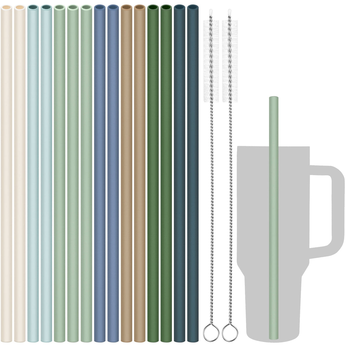 Tomorotec 12" Reusable Silicone Drinking Straws 15PCS with 2 Brushes, Compatible with Stanley Tumblers 40oz 30oz 20oz, Customizable for Various Drinkware, BPA-Free & Safe for Teeth (Morandi Colors)