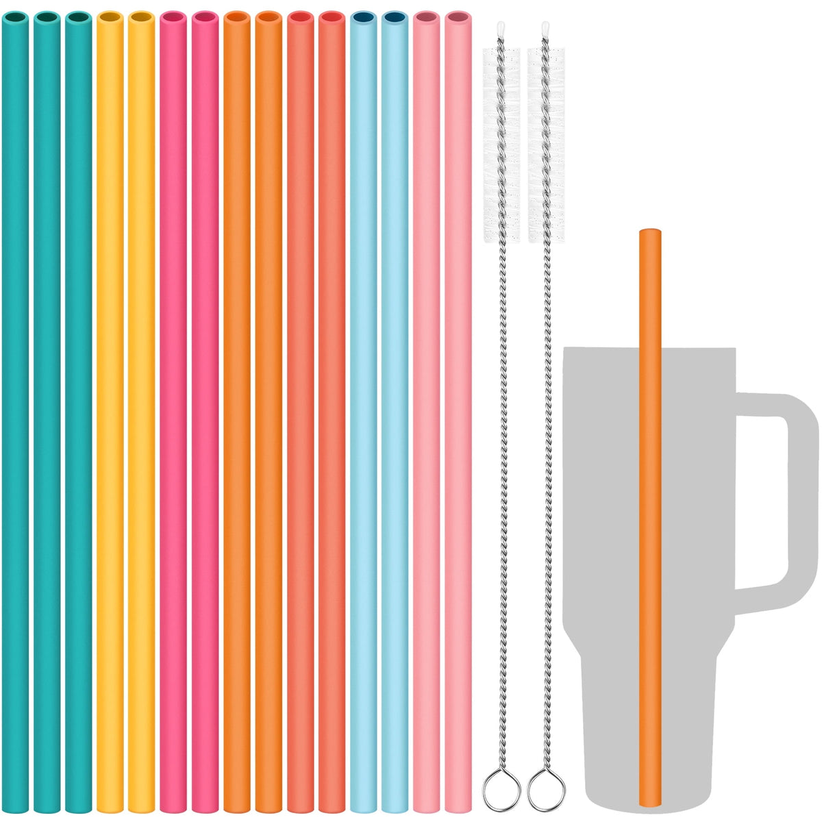 Tomorotec 12" Reusable Silicone Drinking Straws 15PCS with 2 Brushes, Compatible with Stanley Tumblers 40oz 30oz 20oz, Customizable for Various Drinkware, BPA-Free & Safe for Teeth (Morandi Colors)