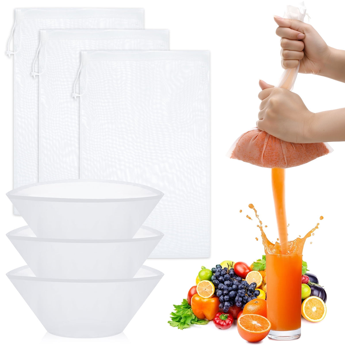 Topekada 6 Pcs Nut Milk Bag and Filter Set, 2-Design Cheese Cloth Bag for Straining, Reliable Washable Reusable Cheesecloth Bags for Tea Milk Yogurt Juice Wine Cold Brew Coffee