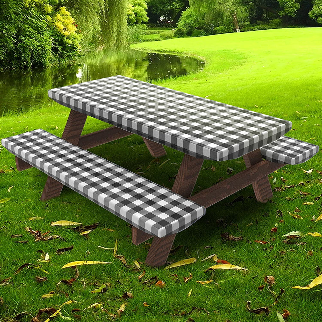 UMINEUX 3-Piece Rectangle Checkered Picnic Table Cover with Bench Covers Vinyl Flannel Backing with Elastic Edge (30"x72", Black and White)