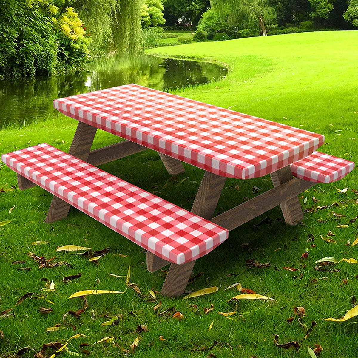 UMINEUX 3-Piece Rectangle Checkered Picnic Table Cover with Bench Covers Vinyl Flannel Backing with Elastic Edge (30"x72", Black and White)