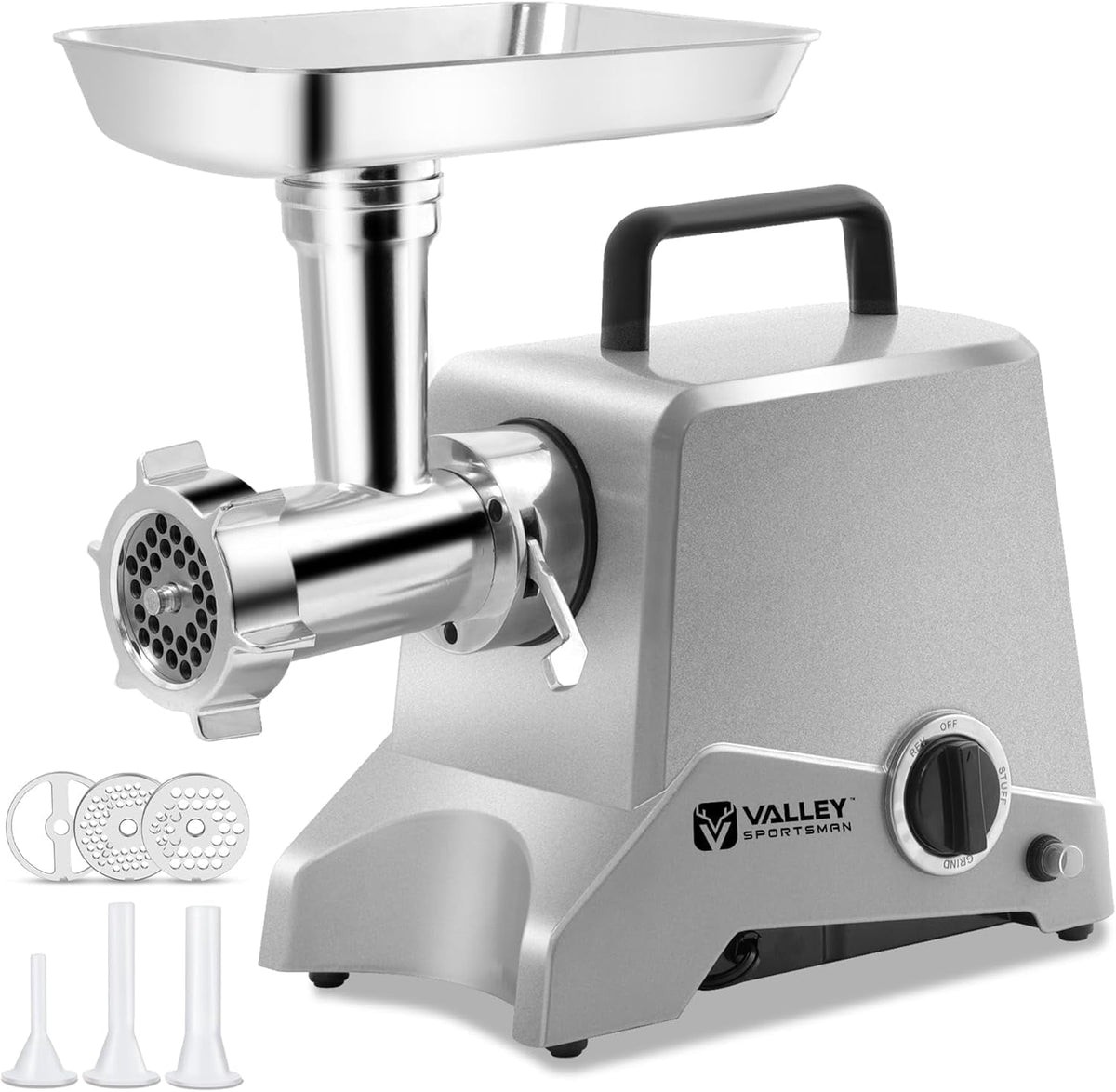 Valley Sportsman #8 Stainless Steel Meat Grinder, Powerful 575-Watt Motor Sausage Meat Grinder with Grinder Knife, Ideal for Regular Use, Sausage Making, Silver