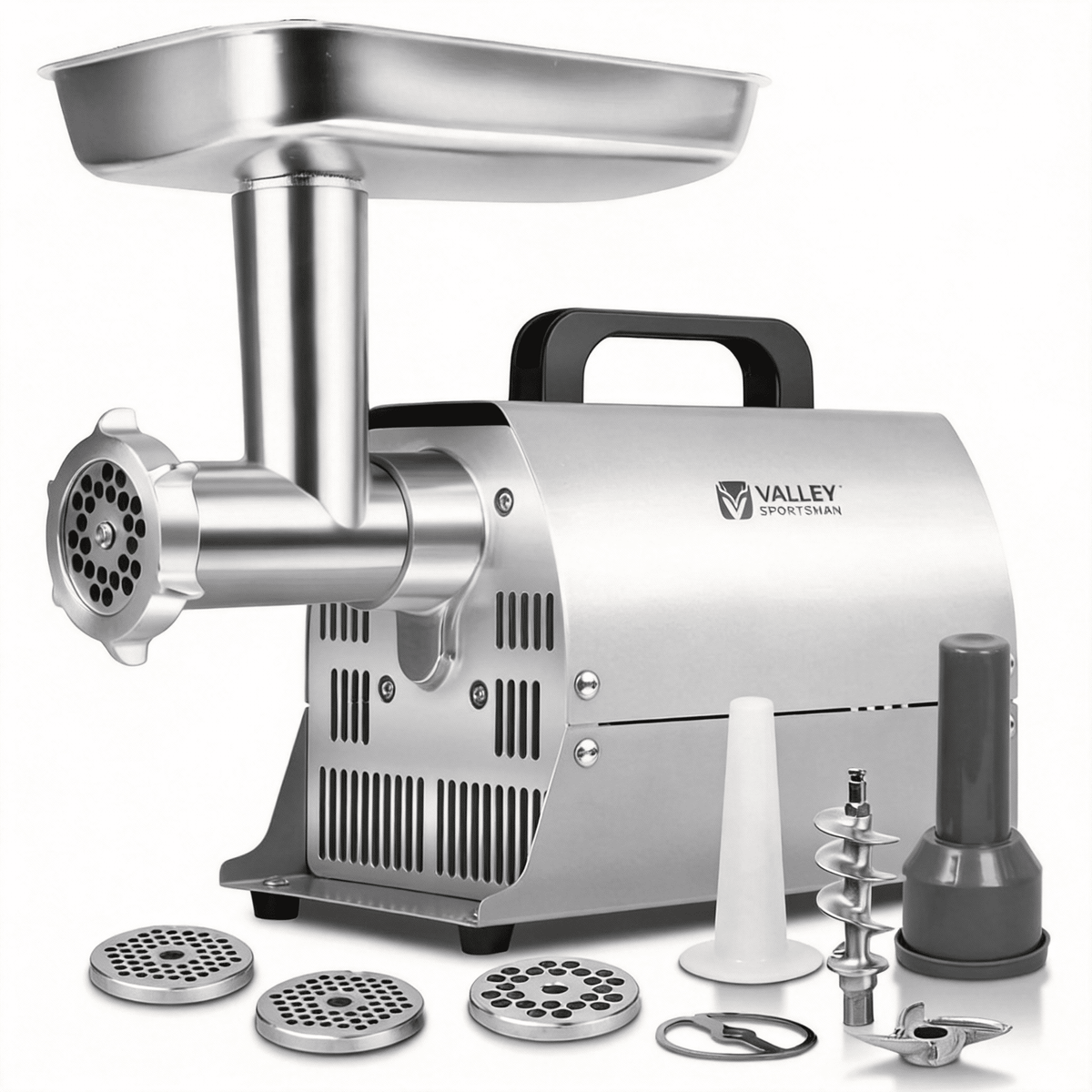 Valley Sportsman #8 Stainless Steel Meat Grinder, Powerful 575-Watt Motor Sausage Meat Grinder with Grinder Knife, Ideal for Regular Use, Sausage Making, Silver