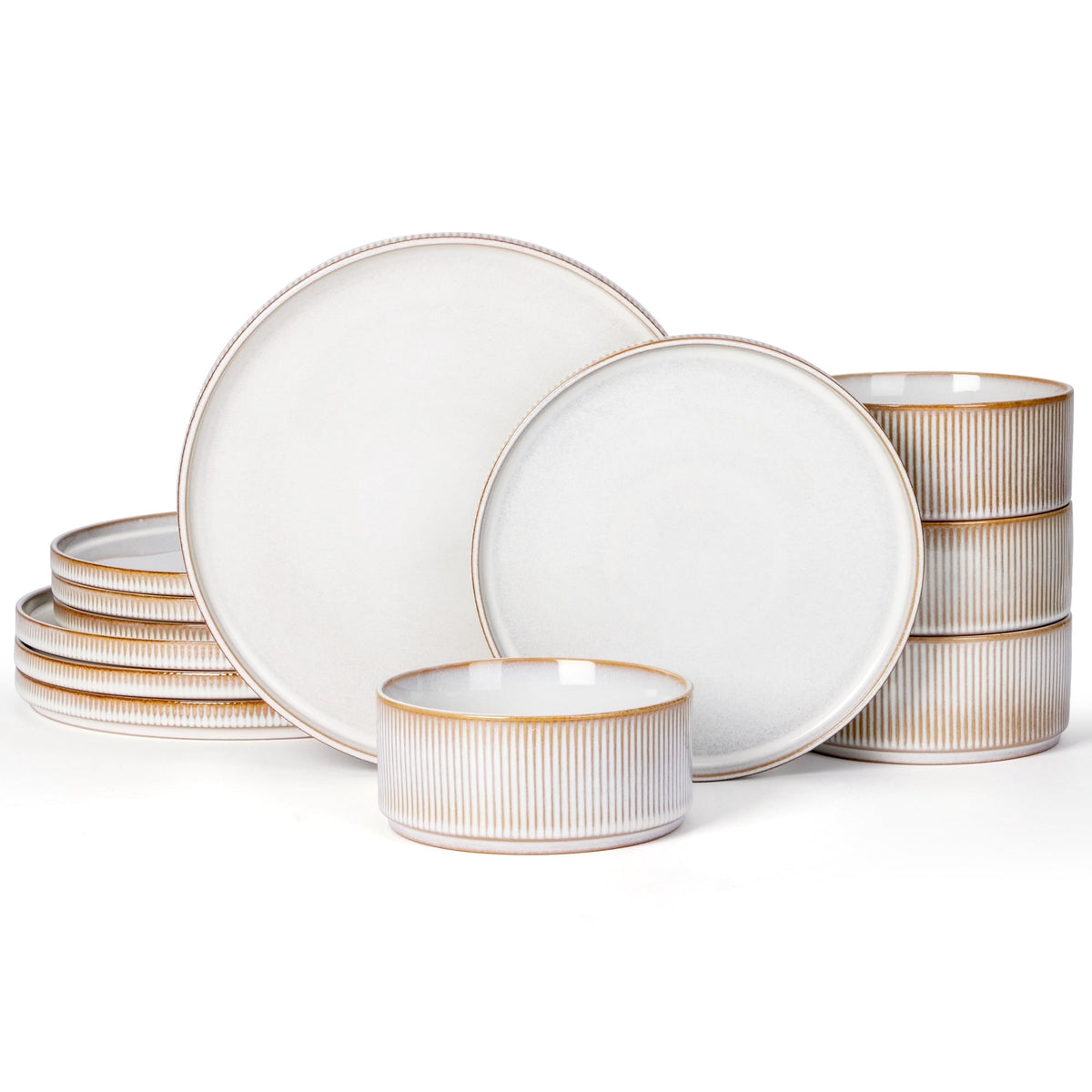 Vesteel 12 Pieces Dinnerware Set for 4, Premium Stoneware Ribbed Dishes, Chip & Scratch Resistant Plates and Bowls Set for Home Restaurant, Microwave and Dishwasher Safe - Speckled White