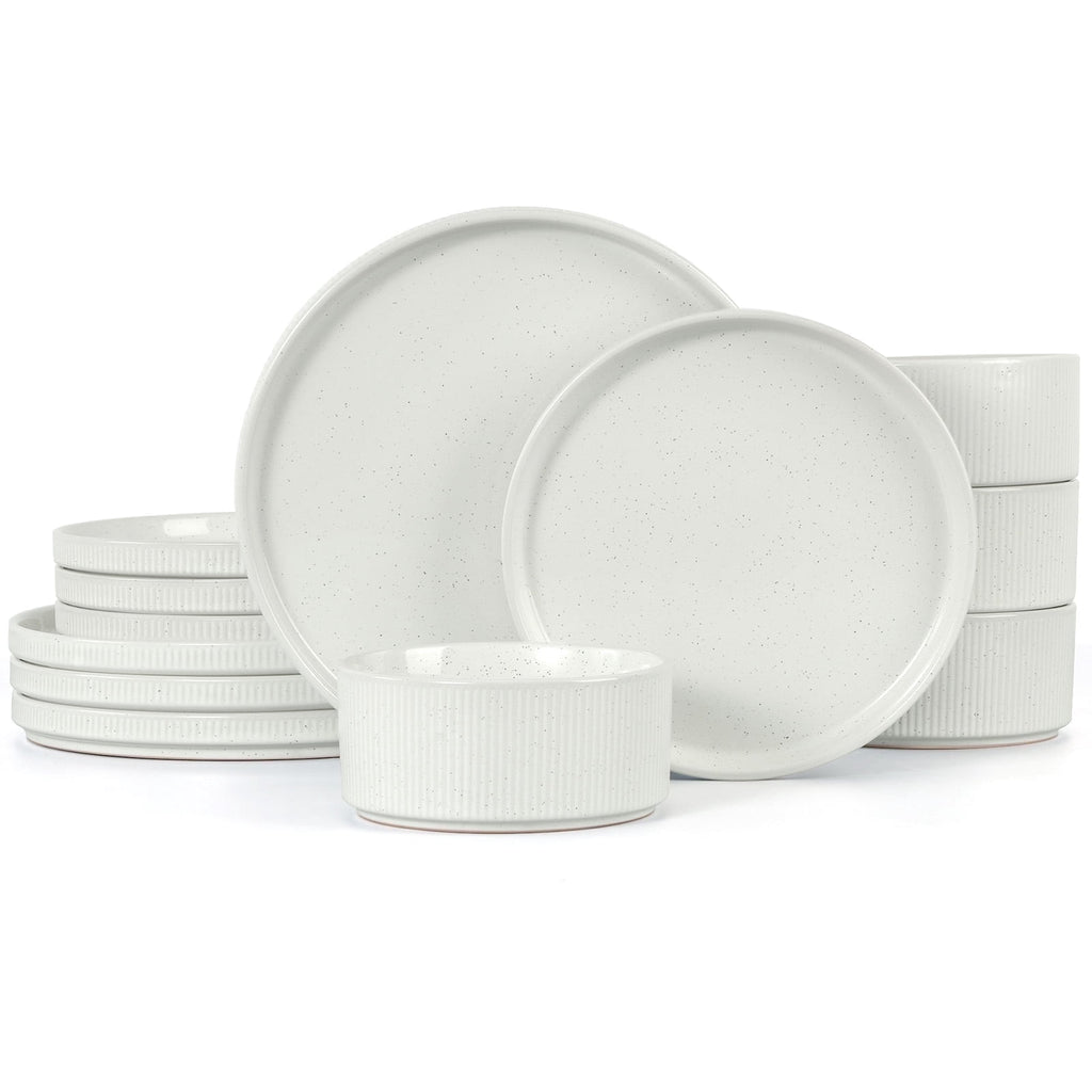 Vesteel 12 Pieces Dinnerware Set for 4, Premium Stoneware Ribbed Dishes, Chip & Scratch Resistant Plates and Bowls Set for Home Restaurant, Microwave and Dishwasher Safe - Speckled White