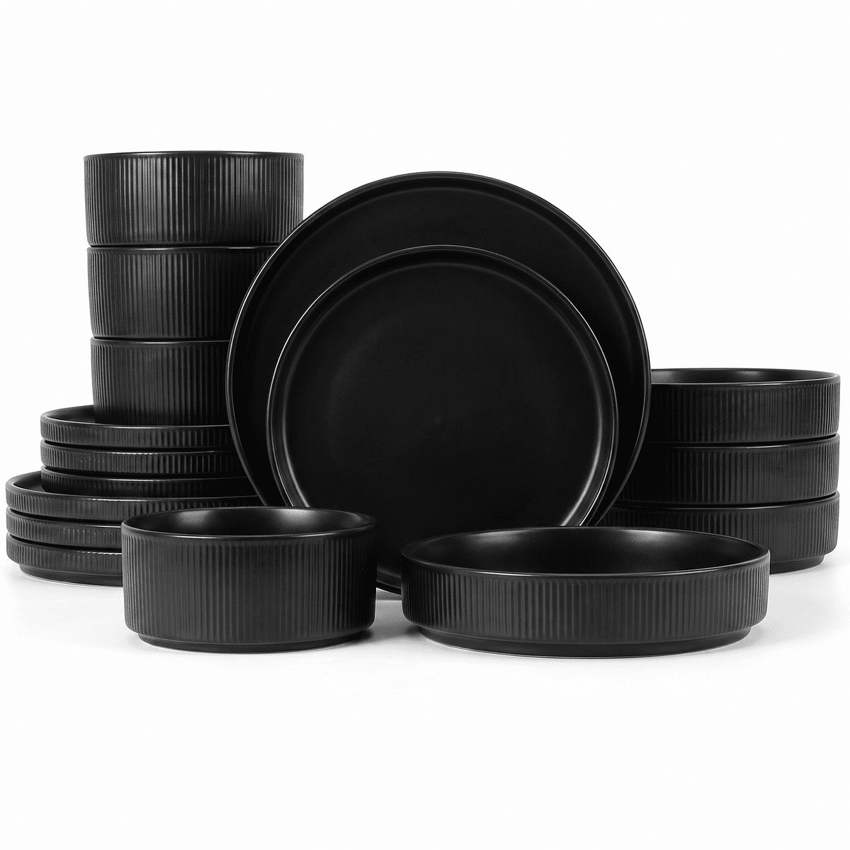 Vesteel 12 Pieces Dinnerware Set for 4, Premium Stoneware Ribbed Dishes, Chip & Scratch Resistant Plates and Bowls Set for Home Restaurant, Microwave and Dishwasher Safe - Speckled White