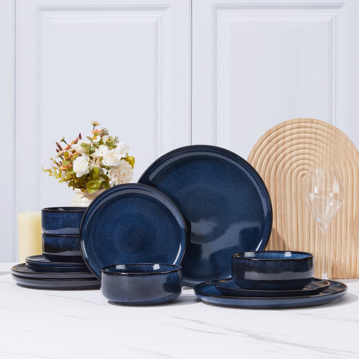 Vesteel Dinnerware Sets for 4, 12-Piece Stoneware Dish and Bowls Set, Handmade Reactive Glaze Coupe Plates Set for Family, Chip & Scratch Resistant - Matte Black