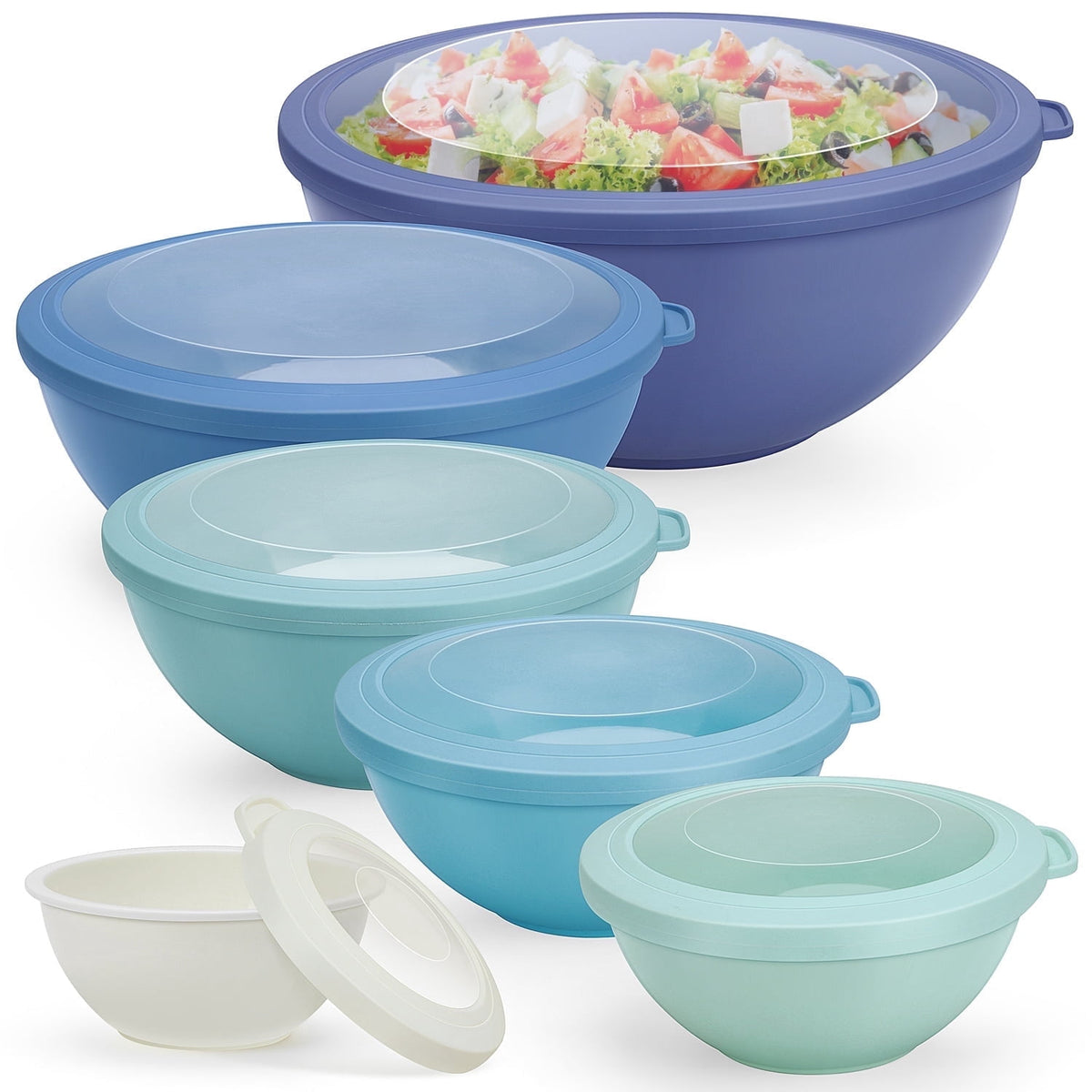 Vesteel 6Pcs Mixing Bowl Set with Lids, Plastic Nesting Bowls for Mixing, Storage, Kitchen Prepping, Serving Food, Microwave & Dishwasher Safe - Multi-color