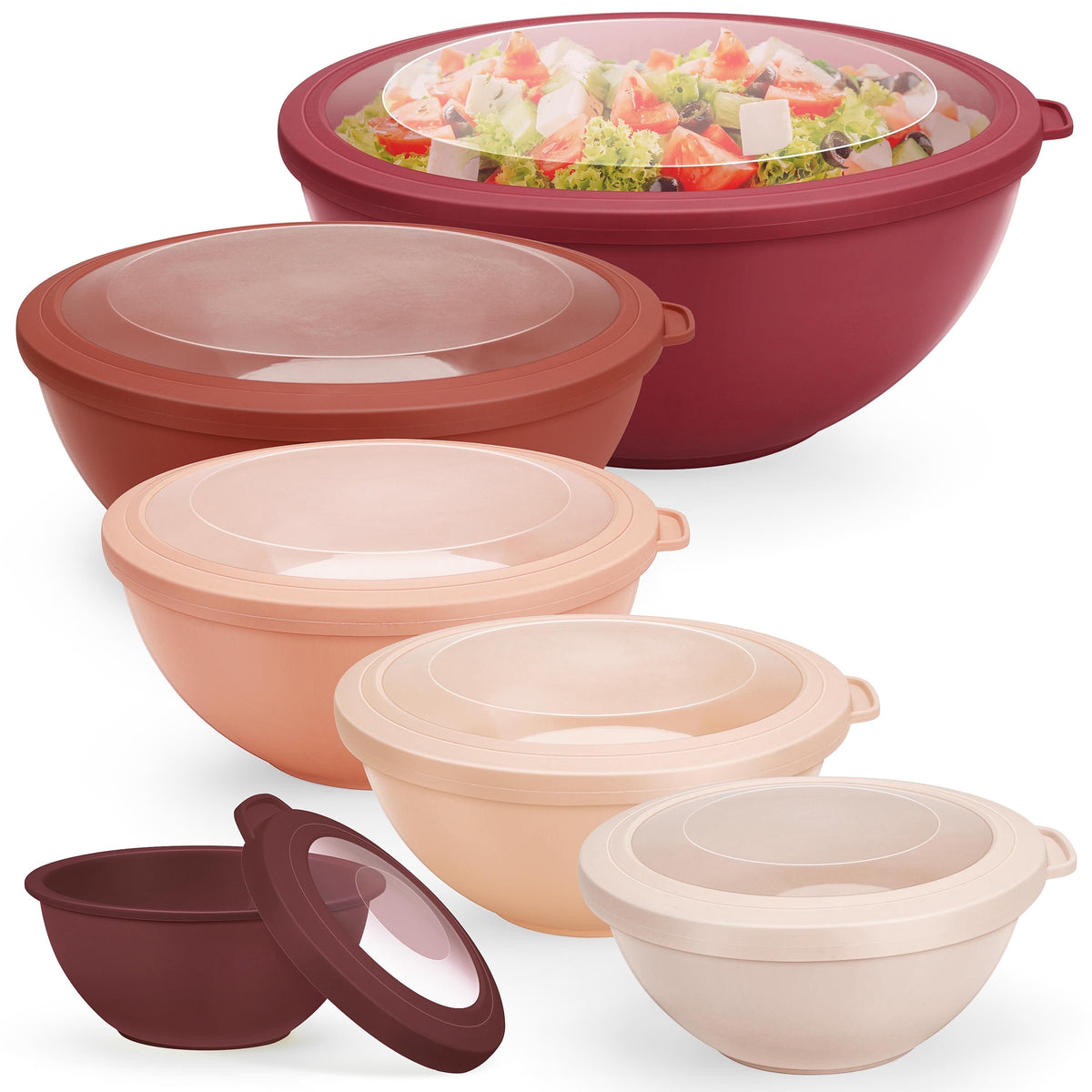 Vesteel 6Pcs Mixing Bowl Set with Lids, Plastic Nesting Bowls for Mixing, Storage, Kitchen Prepping, Serving Food, Microwave & Dishwasher Safe - Multi-color