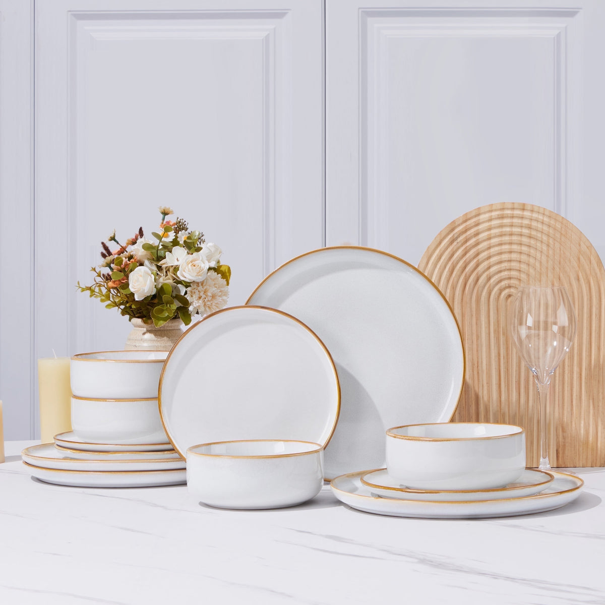 Vesteel Dinnerware Sets for 4, 12-Piece Stoneware Dish and Bowls Set, Handmade Reactive Glaze Coupe Plates Set for Family, Chip & Scratch Resistant - Matte Black