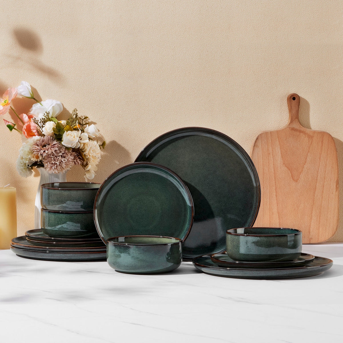 Vesteel Dinnerware Sets for 4, 12-Piece Stoneware Dish and Bowls Set, Handmade Reactive Glaze Coupe Plates Set for Family, Chip & Scratch Resistant - Matte Black
