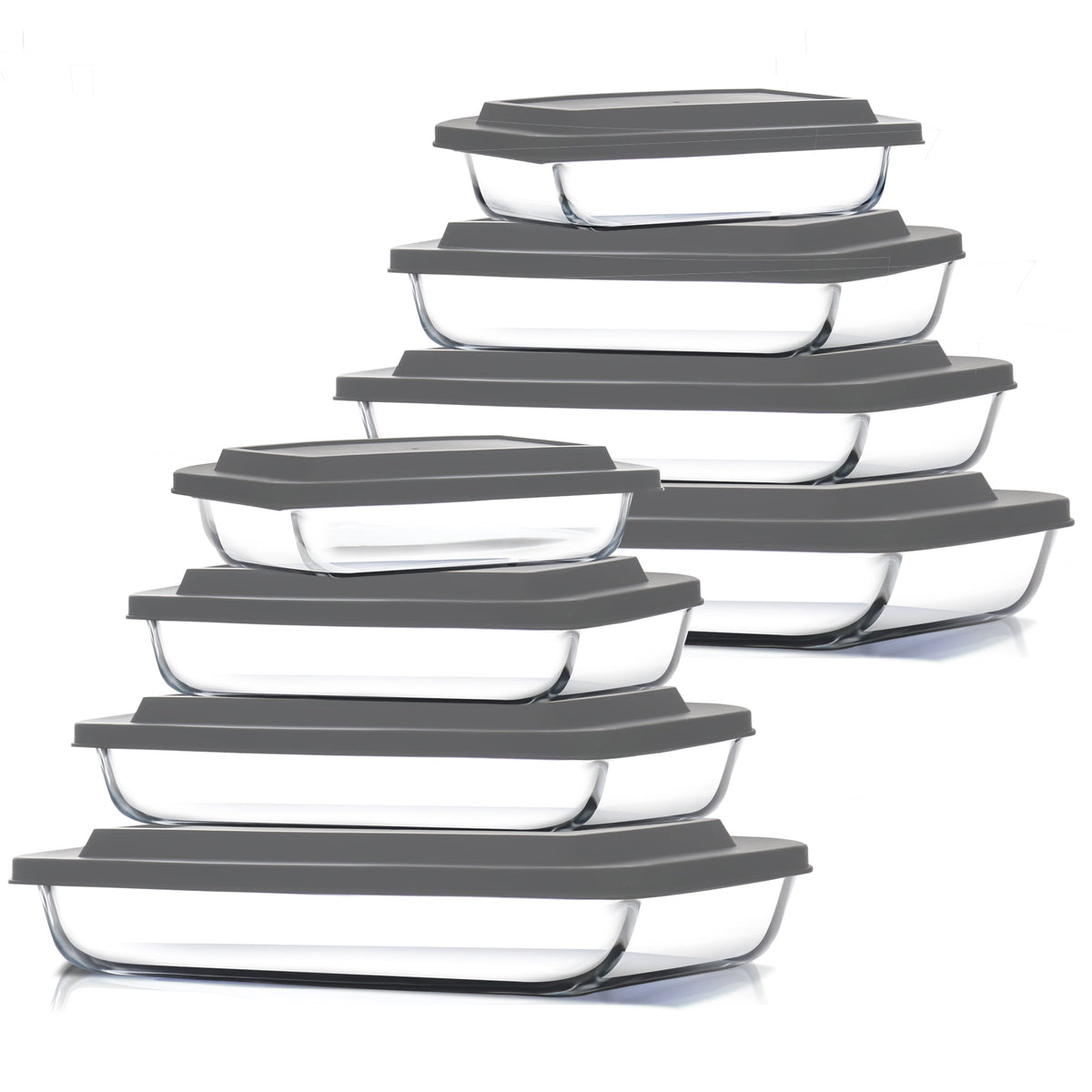 Virtu Casserole Glass Baking Dish, 8pc Stackable Glass Food Storage Containers with Airtight Lids and Grip Handles, Black