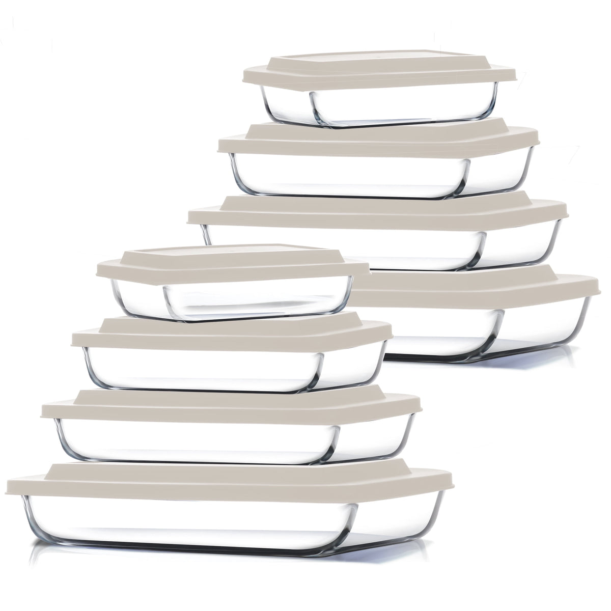 Virtu Casserole Glass Baking Dish, 8pc Stackable Glass Food Storage Containers with Airtight Lids and Grip Handles, Black