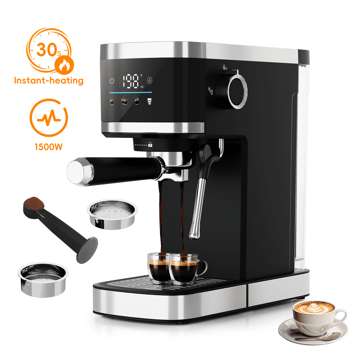 WHALL 20 Bar Touchscreen Espresso Machine & Coffee Maker – With Milk Frother Steam Wand, Stainless Steel Build & Removable Water Tank (New)