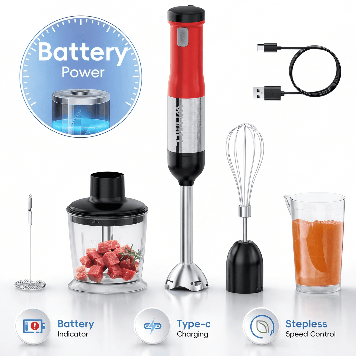WHALL Cordless Immersion Blender, Rechargeable 5-in-1 Hand Blender with Whisk, Milk Frother Attachments, Portable Stick mixed,700ml Beaker, 500ml Chopper