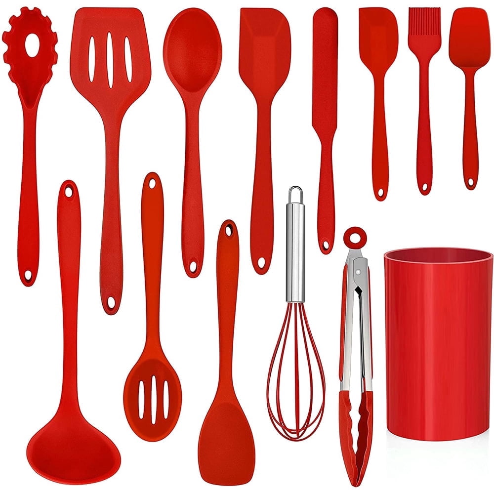 Walchoice 14 Pcs Cooking Utensils Set with Holder, Heat Resistant Silicone Kitchen Cookware Utensils Set, Kitchen Cooking Tools Includes Spatula Spoon Turner Whisk Tong, Dishwasher safe, Red
