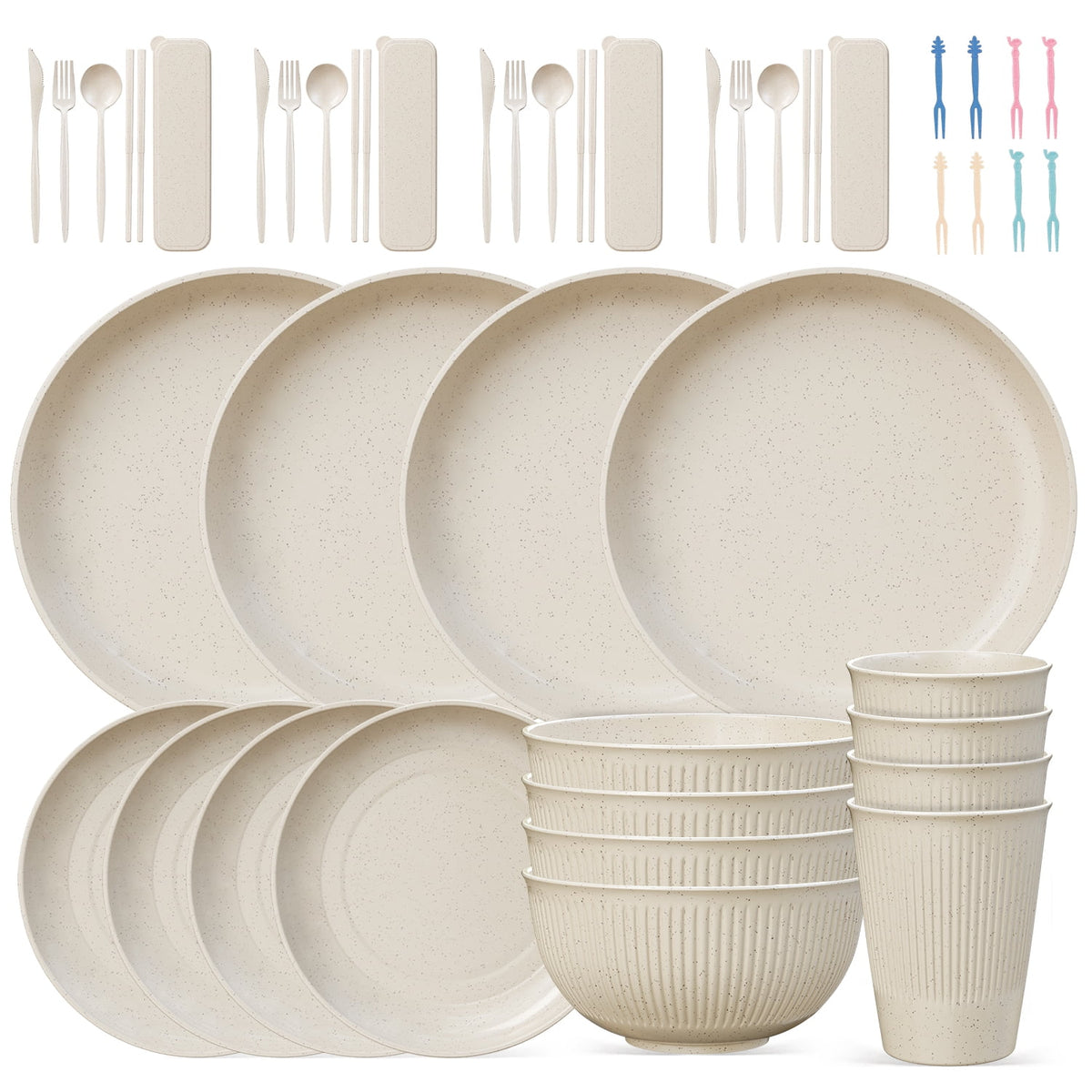 TINANA Wheat Straw Dinnerware Set, Service for 4, 48 PCS Unbreakable Plastic Plates and Bowls Sets, Dishwasher Microwave Safe, Black