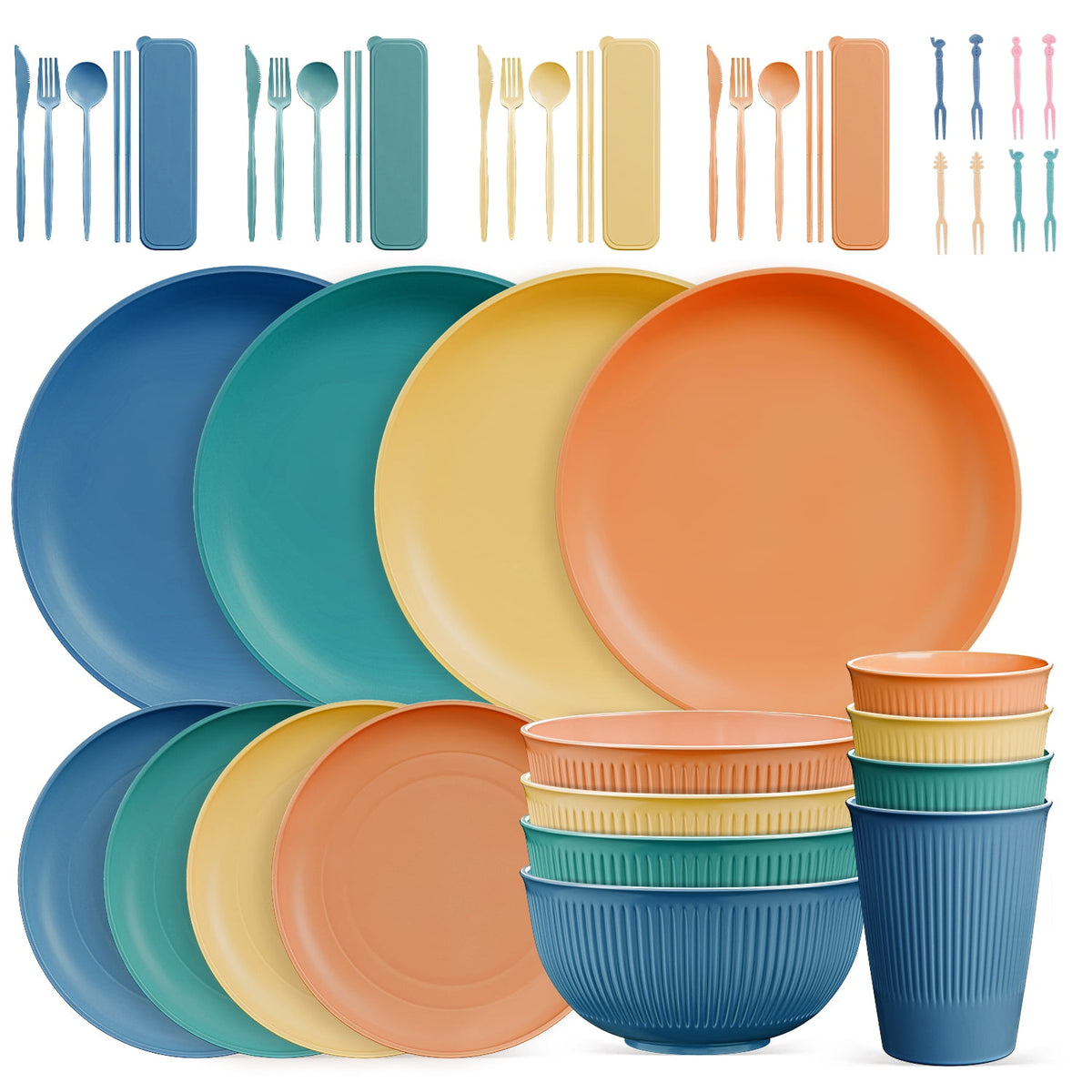 TINANA Wheat Straw Dinnerware Set, Service for 4, 48 PCS Unbreakable Plastic Plates and Bowls Sets, Dishwasher Microwave Safe, Black