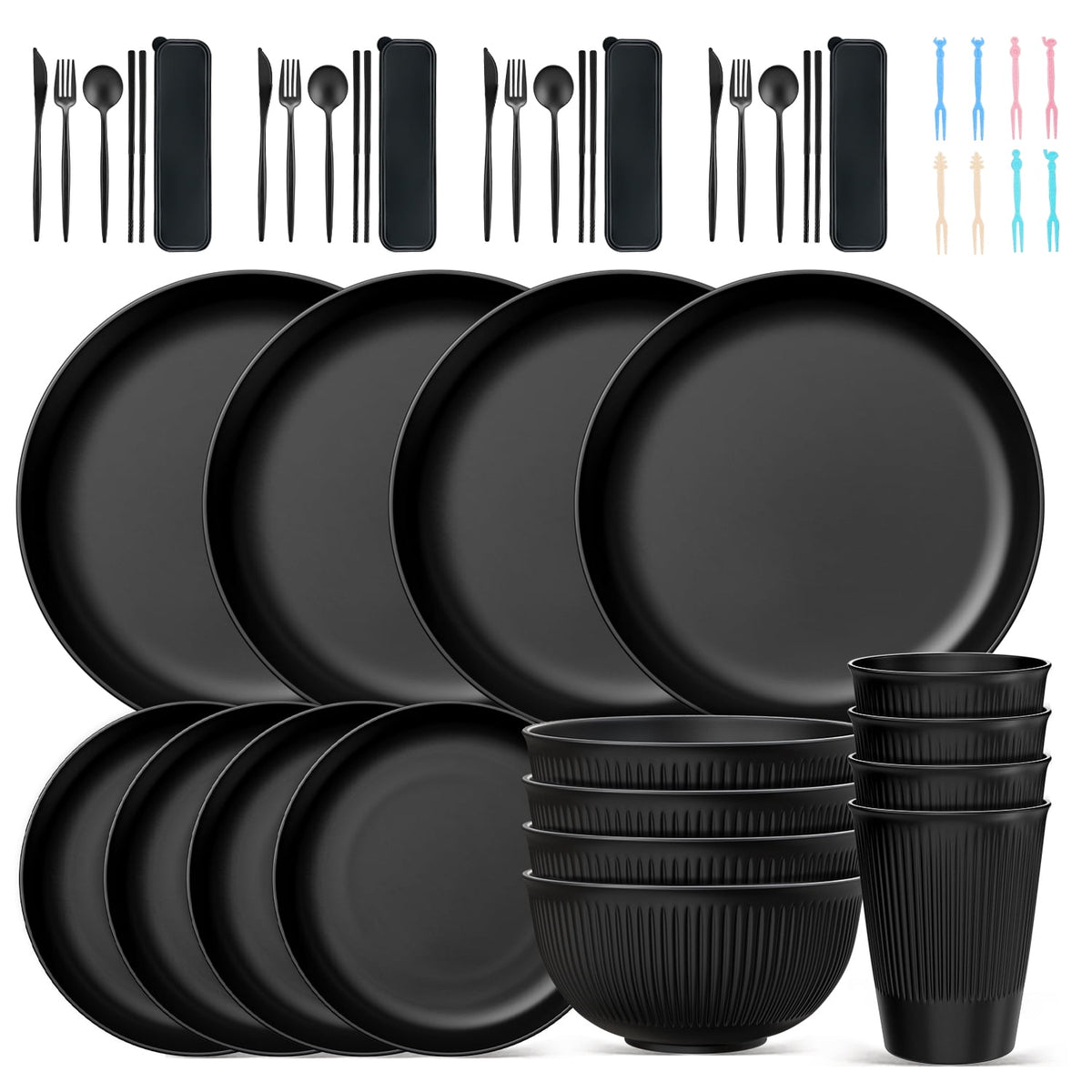 TINANA Wheat Straw Dinnerware Set, Service for 4, 48 PCS Unbreakable Plastic Plates and Bowls Sets, Dishwasher Microwave Safe, Black