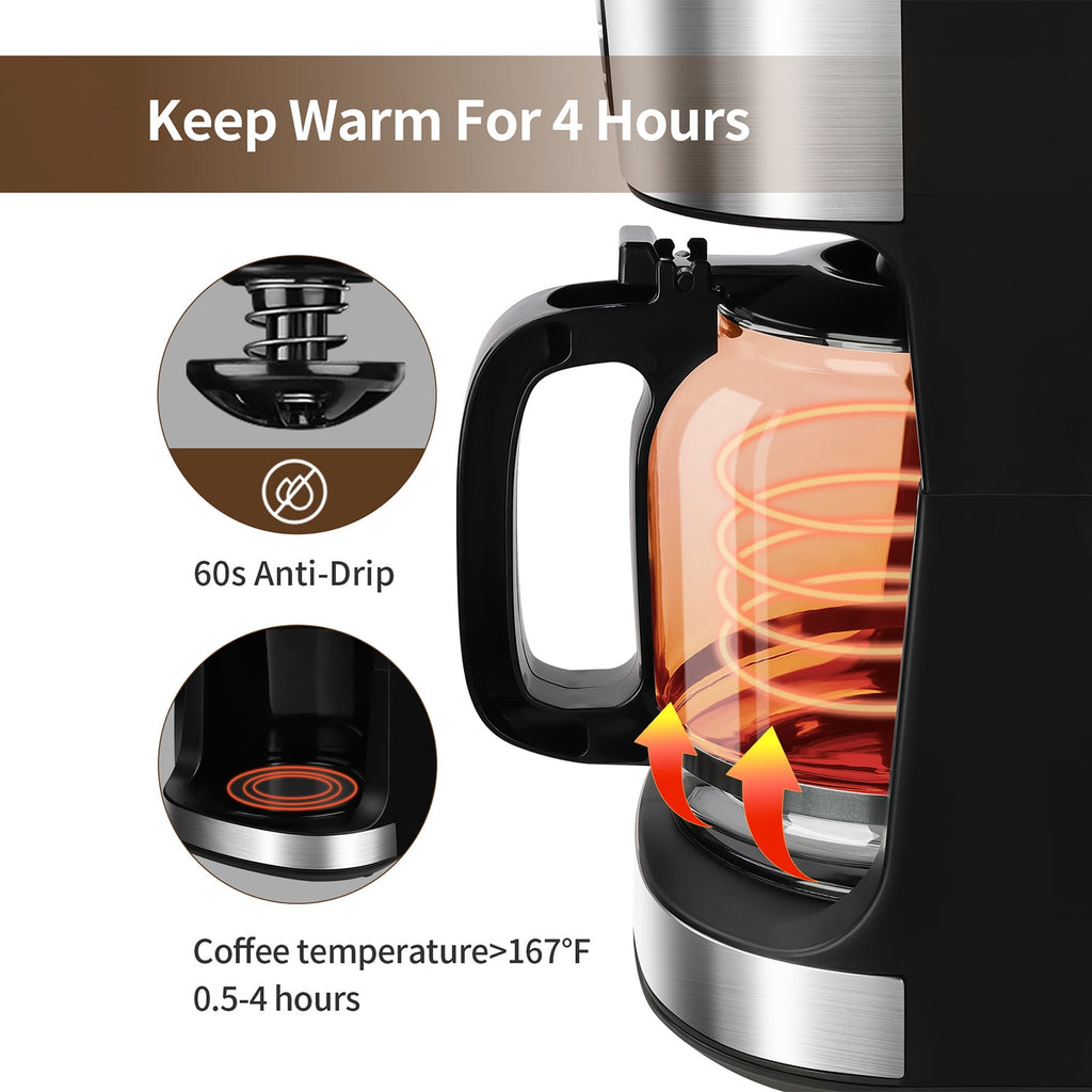 Kuhitley Coffee Maker with Grinder 12 Cups, Programmable Grind and Brew Coffee Machine with Warming Plate, Automatic Drip Coffee Pot with 60 oz Glass Carafe BPA Free, 950W, Black