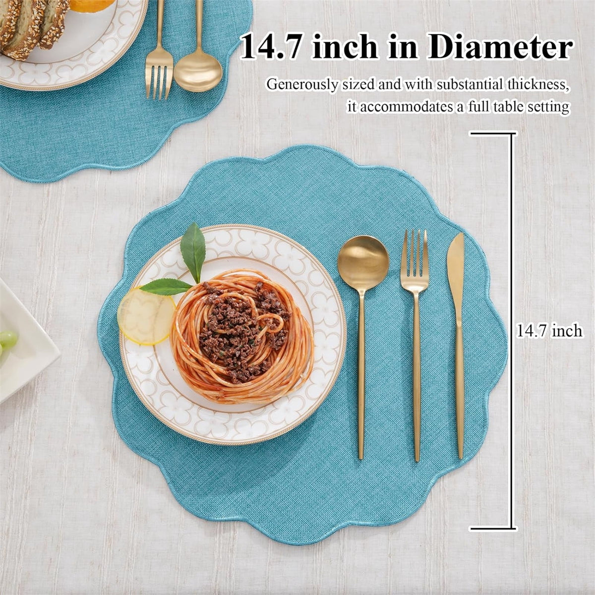 Ileading Scalloped Round Placemats Set of 6 Polyester Linen Blend Washable Non Slip Place Mats Easy Clean Heat Resistant Table Mats for Kitchen Dining Table Decor