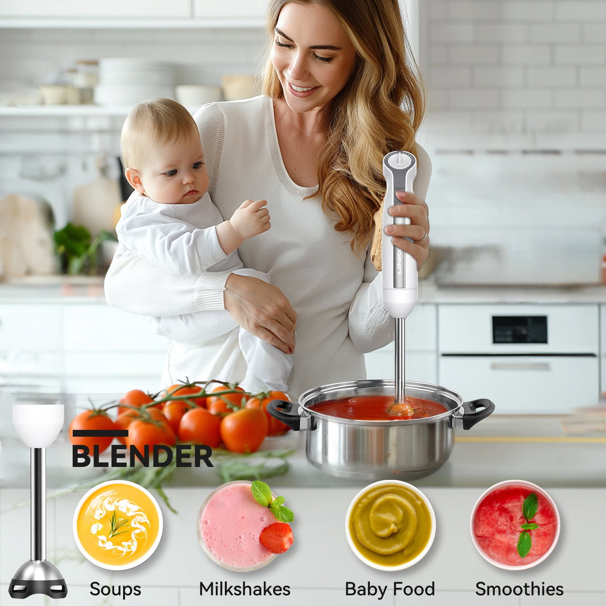 LINKChef Immersion Blender, 1000W 20-Speed 5-in-1 Hand Blender with Turbo Mode, Scratch-Resistant Stick Blender for Baby Food, Ice & Smoothie(Black)