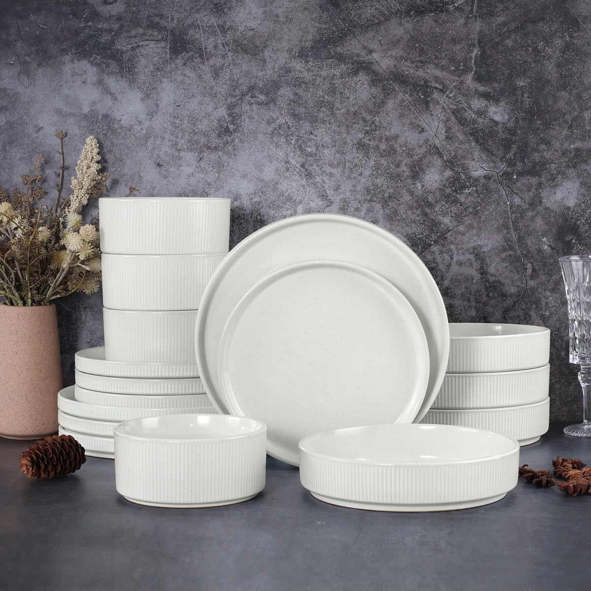 Vesteel 12 Pieces Dinnerware Set for 4, Premium Stoneware Ribbed Dishes, Chip & Scratch Resistant Plates and Bowls Set for Home Restaurant, Microwave and Dishwasher Safe - Speckled White