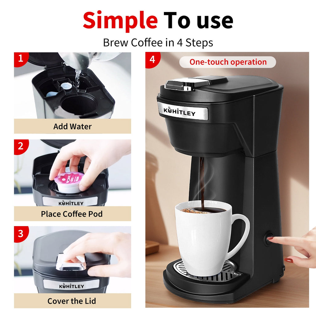 2 in 1 Single Serve Coffee Maker for K Cup Pods & Ground Coffee, Mini K Cup Coffee Machine with 6 to 14 oz Brew Sizes, Single Cup Coffee Brewer with One-Press Fast Brewing, Reusable Filters,Black