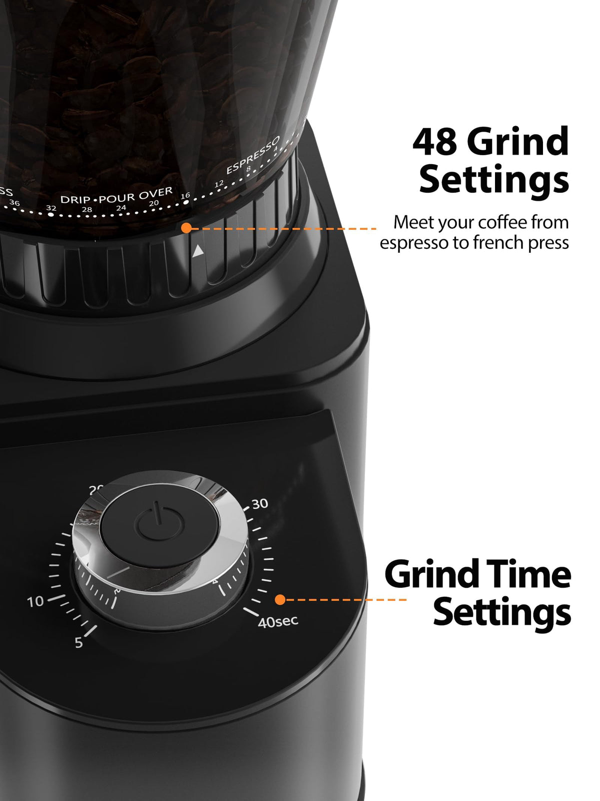 Aeitto Burr Coffee Grinder, Coffee Grinder Electric, Stainless Steel Coffee Bean Grinder, 48 Grind Settings, Espresso/Pour Over/Cold Brew/French Press Coffee Maker, Silver