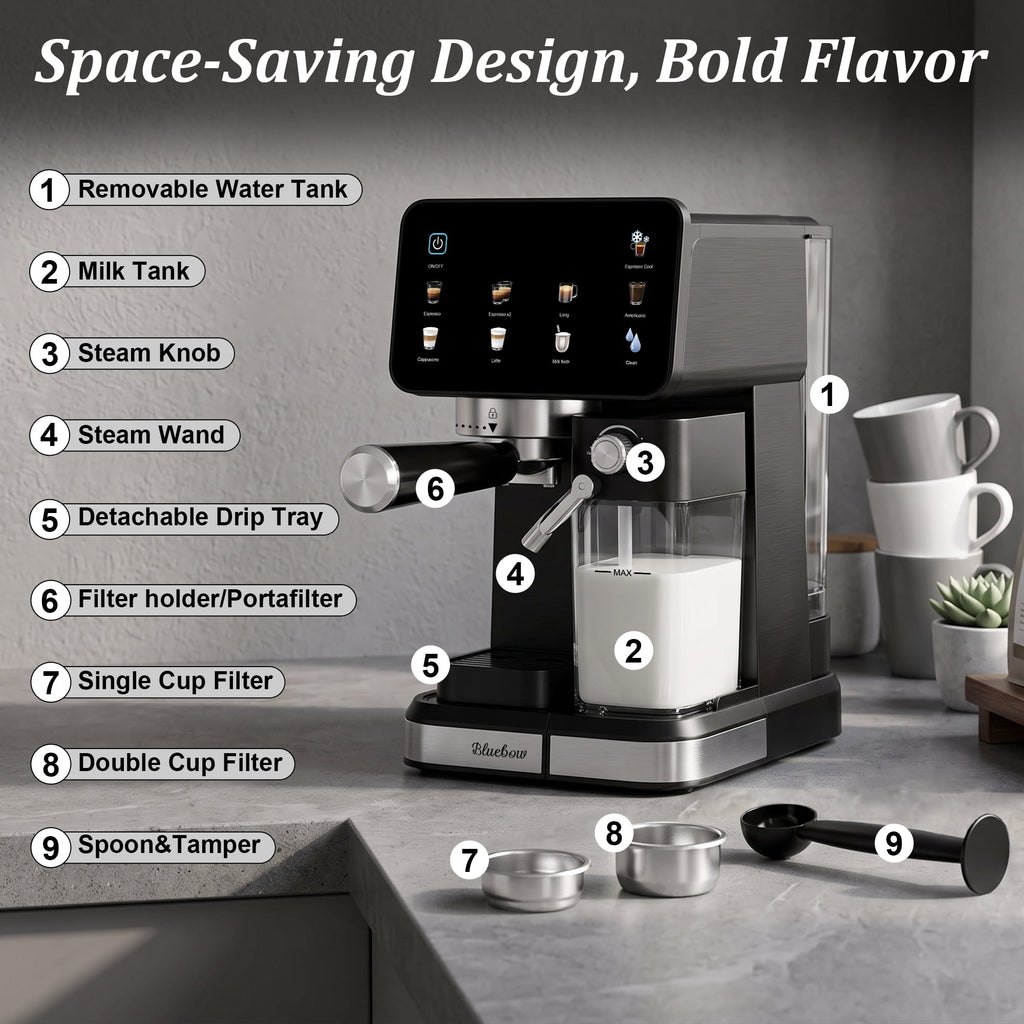 Espresso Machine with Built-In Milk Frother, 20-Bar Color Touchscreen Automatic Coffee Maker for Cold Brew Americano Cappuccino Latte, Perfect for Home Office Use, Black