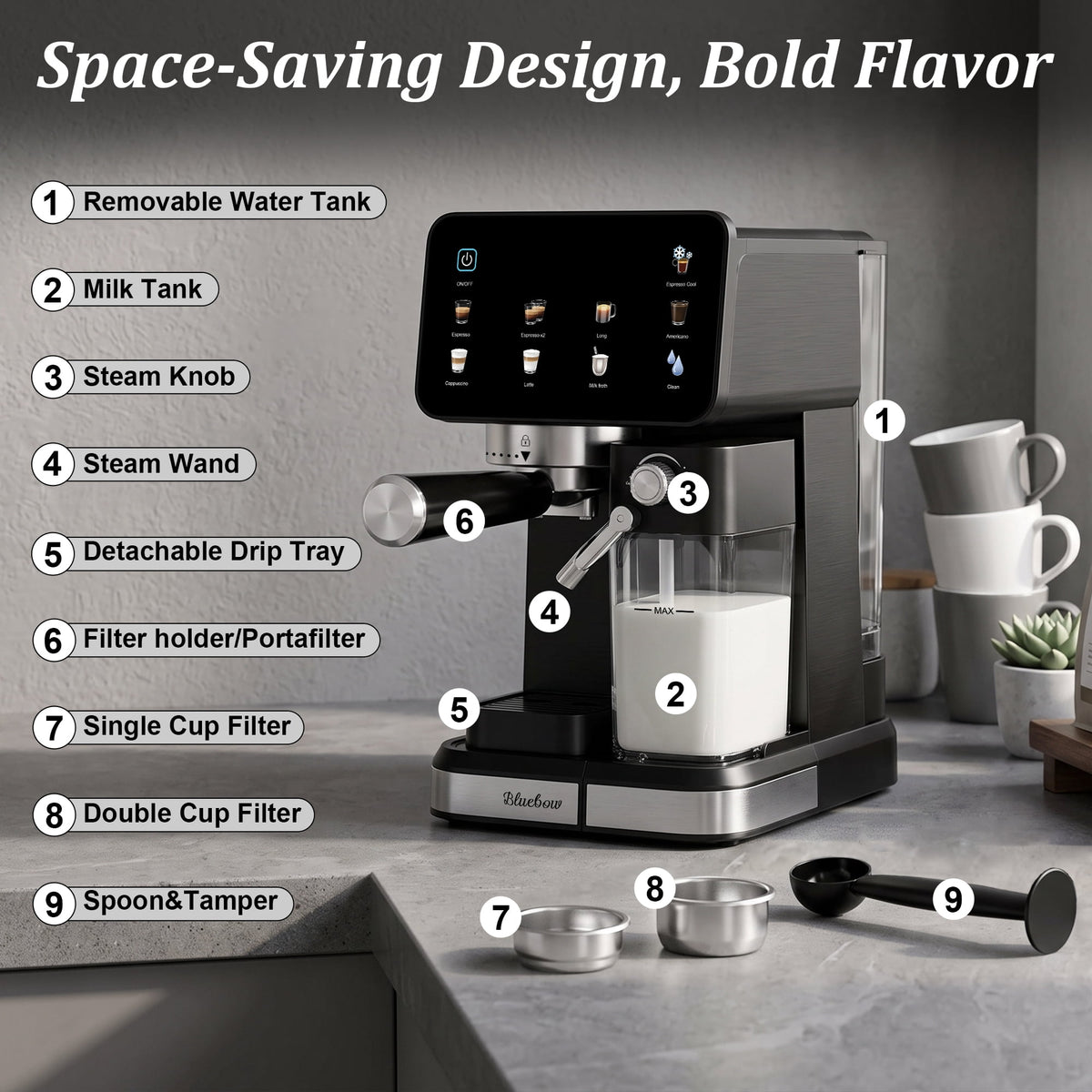 Espresso Machine with Built-In Milk Frother, 20-Bar Color Touchscreen Automatic Coffee Maker for Cold Brew Americano Cappuccino Latte, Perfect for Home Office Use, Black