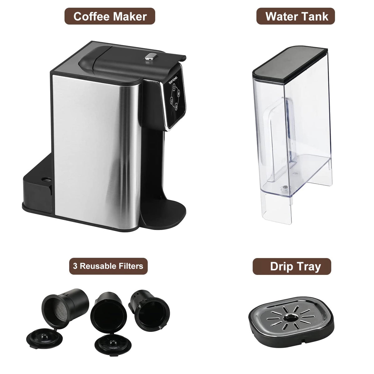 SIFENE 3-in-1 Single Serve Coffee Maker, Compatible with K Cup Capsules & Grounds, Tea Maker, 6-10 Oz Brew Sizes, 50 Oz Removable Reservoir, Fast Brew, Compact Design, 120V 1150W, Black
