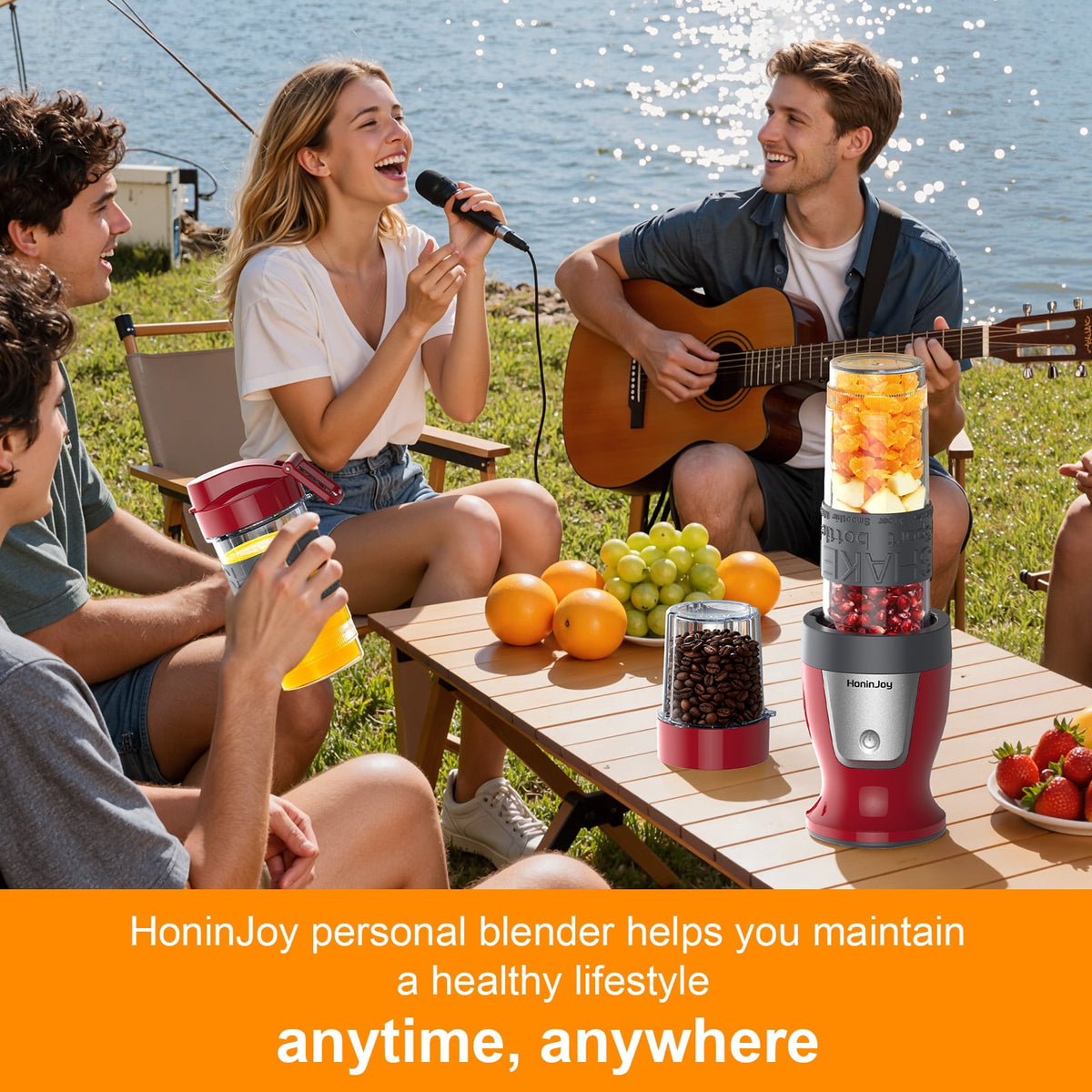 HoninJoy Portable Blender, Compact Personal Blender for-Smoothies, Shakes, Food Prep, and Frozen Blending, 20-oz. Cups and Spout Lids, Grinding Cup