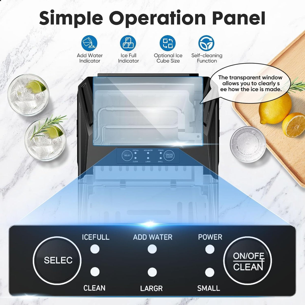 Ice Maker, Portable Countertop Icemaker Machine, Self Cleaning Quiet 2 Sizes Bullet Cubes Makers, 9 Cubes in 6 Mins, 26lbs/24Hrs with Ice Scoop, Basket for Home Kitchen Party,White