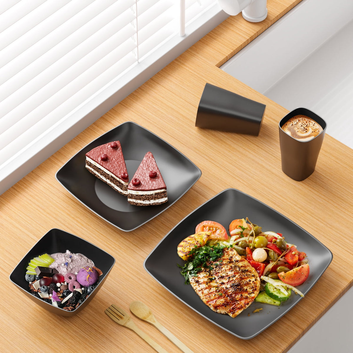 TINANA Wheat Straw Dinnerware Sets, Service for 4, 16 PCS Unbreakable Plastic Dinnerware, Dishwasher Microwave Safe - Black
