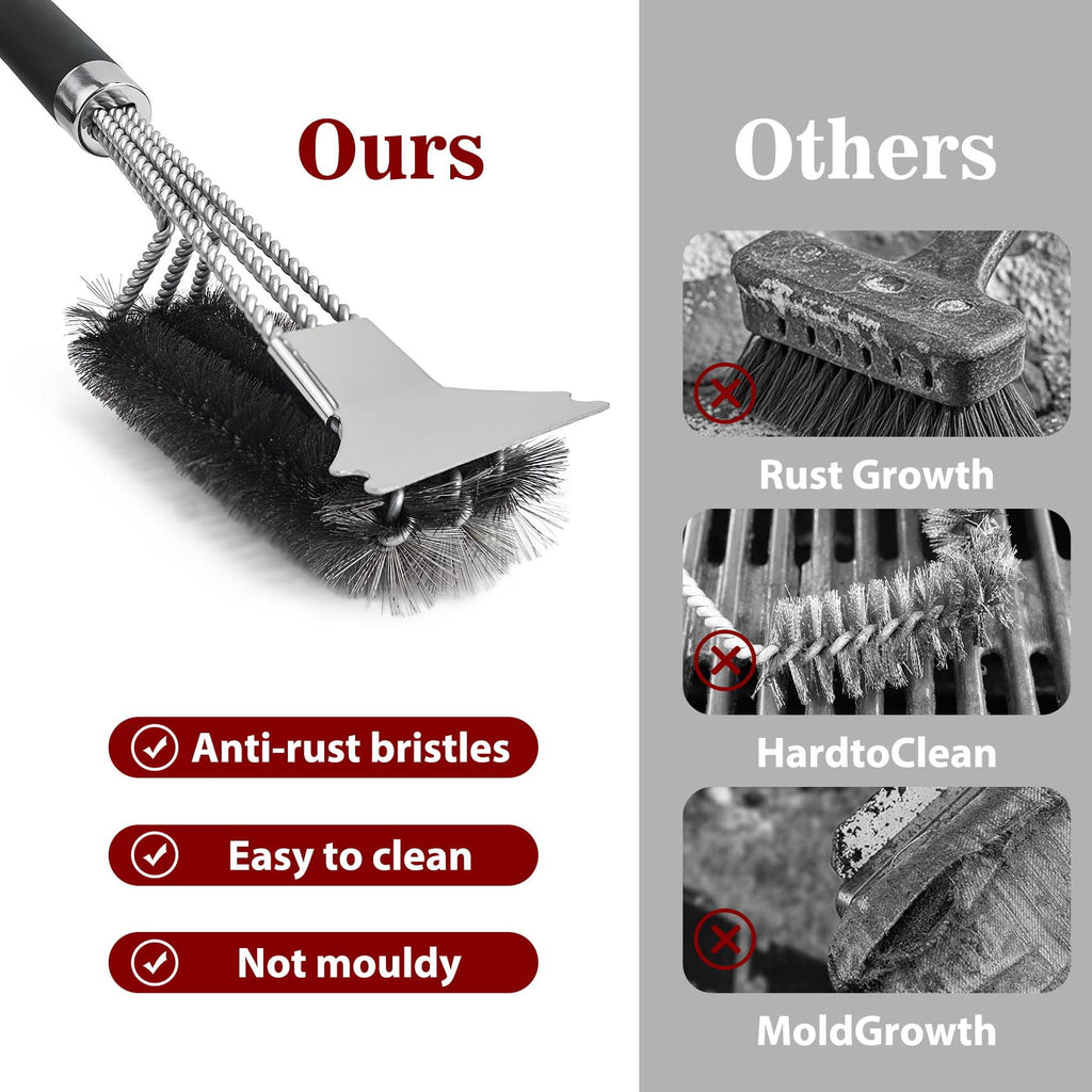 Grill Brush and Scraper, 3-in-1 BBQ Grill Brush for Outdoor Grill, 17.3" Heavy Duty Steel Wire Grill Cleaner, Detachable PP Handle, Gifts for Daddy