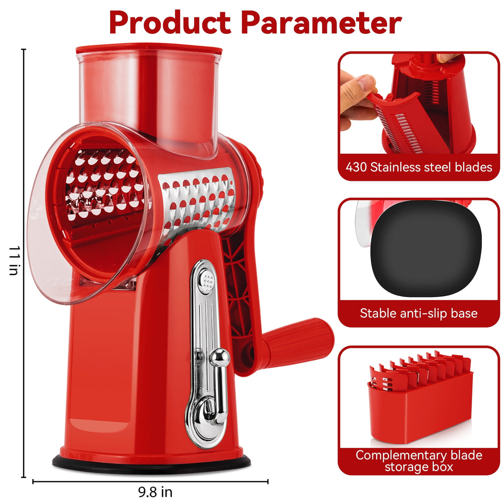Pukomc Rotary Cheese Grater with Handle- 5 Blades, Suction Base, Mandoline Slicer & Veg Shredder with Blade Storage Box(Green)